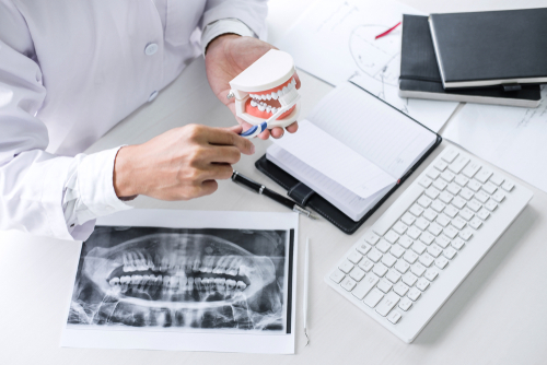 Dentist shows correct brushing technique on mouth model at desk, next to a white keyboard and dental radiography are visible.