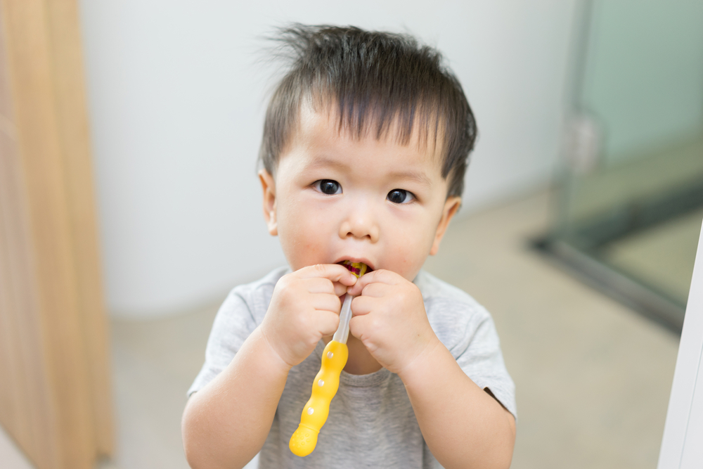 A young boy uses a toothbrush to clean his teeth.